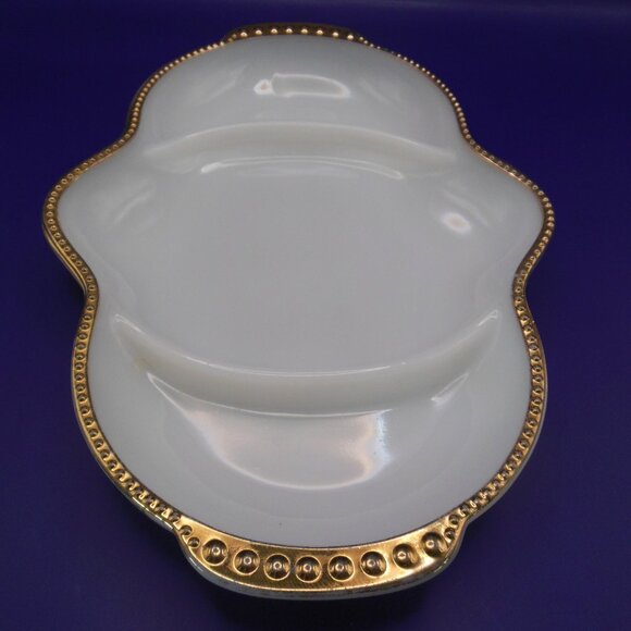 serving relish dish Anchor Hocking milk glass Fire-King hobnail and gold trim - Picture 2 of 7
